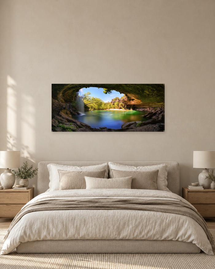 Hamilton Pool Panoramic Canvas Wall Art - Cave Waterfall and Green Lagoon, Texas - Gallery Canvas - 38mm / 48 x 20 preview