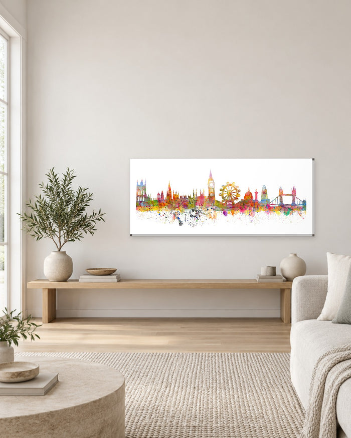 London Skyline Panoramic Canvas Wall Art - Rainbow Watercolour Splash Landmarks - Gallery Canvas - 38mm / 48 x 20 preview