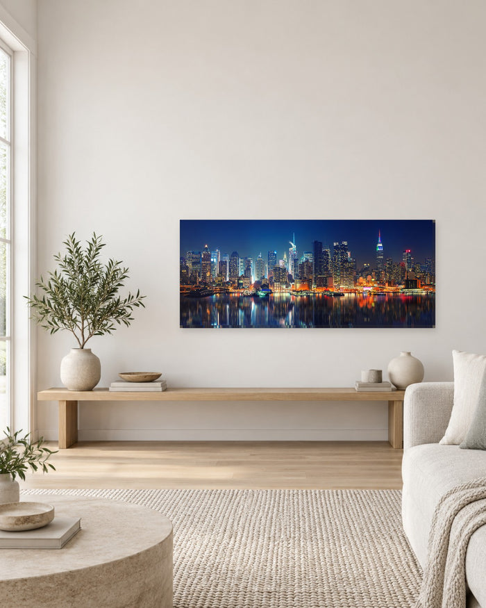 Manhattan Skyline Panoramic Canvas Wall Art - New York City Lights Reflected at Night - Gallery Canvas - 38mm / 48 x 20 preview