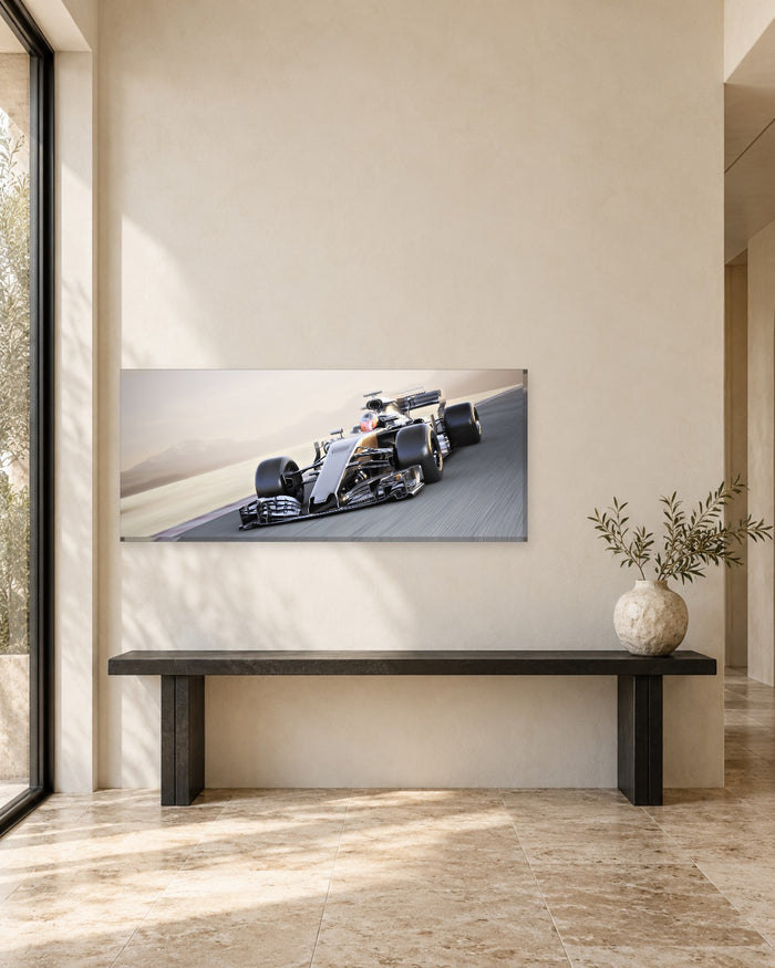 Racing Car Panoramic Canvas Wall Art - Silver Single-Seater Speeding on Track - Gallery Canvas - 38mm / 48 x 20 preview