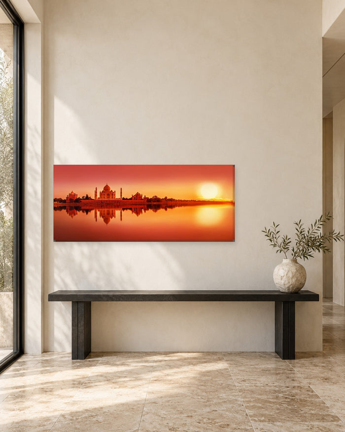 Taj Mahal Sunset Panoramic Canvas Wall Art - Fiery Orange Sky and Reflection - Gallery Canvas - 38mm / 48 x 20 preview