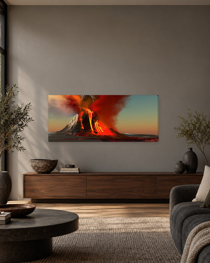 Kilauea Volcano Panoramic Canvas Wall Art - Erupting Lava and Red Ash Cloud, Hawaii - Gallery Canvas - 38mm / 48 x 20 preview