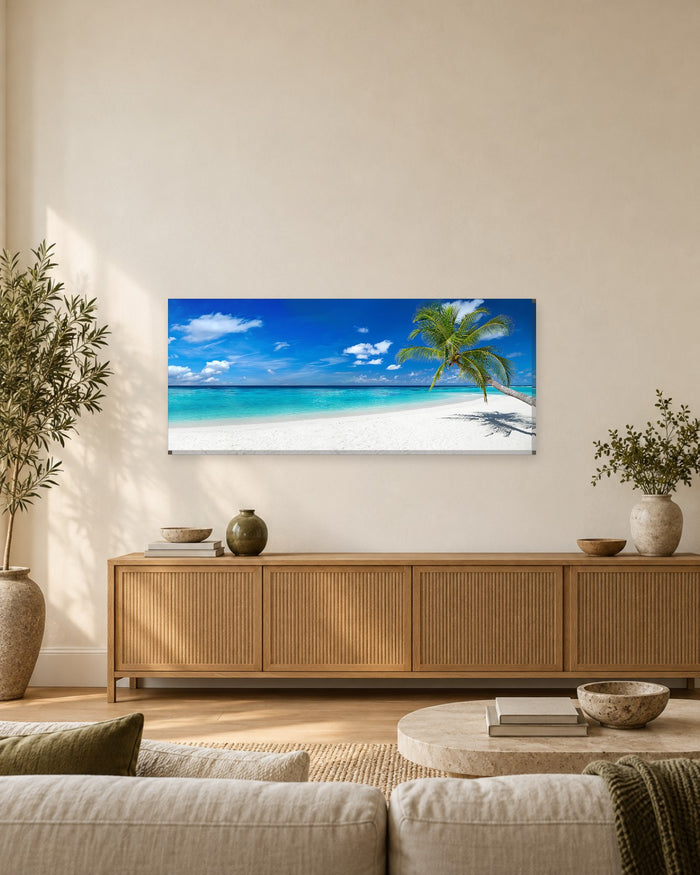 Tropical Beach Panoramic Canvas Wall Art - Palm Tree over White Sand and Turquoise Sea - Gallery Canvas - 38mm / 48 x 20 preview