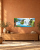 Waterfall Landscape Panoramic Canvas Wall Art – Mountains, Cranes and Red Sun Illustration - Gallery Canvas – 38mm / 48 x 20