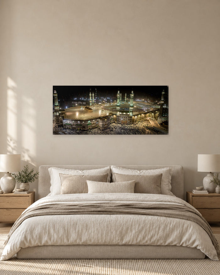 Kaaba Mecca Panoramic Canvas Wall Art - Masjid al-Haram Lit at Night - Gallery Canvas - 38mm / 48 x 20 preview