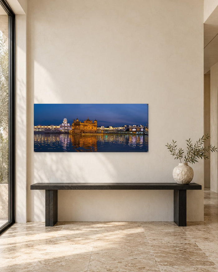 Golden Temple Panoramic Canvas Wall Art - Harmandir Sahib at Night with Reflections - Gallery Canvas - 38mm / 48 x 20 preview