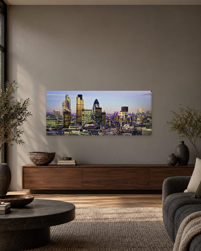 London Skyline Panoramic Canvas Wall Art - City Towers at Dusk Looking to Canary Wharf - Gallery Canvas - 38mm / 48 x 20 preview