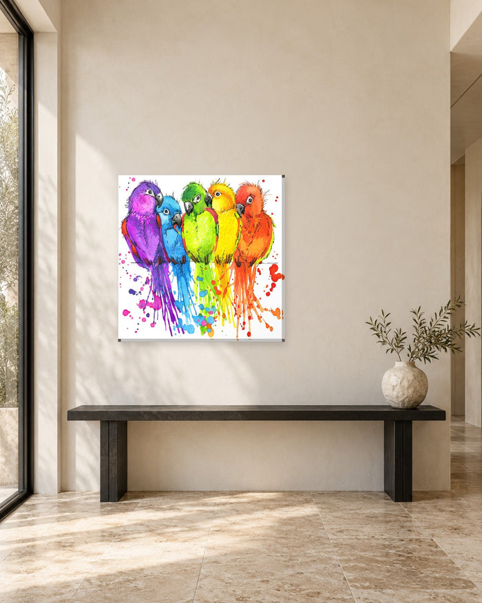 Parrot Wall Art - Five Rainbow Watercolour Parrots on White Square Canvas - Gallery Canvas - 38mm / 30 x 30 preview