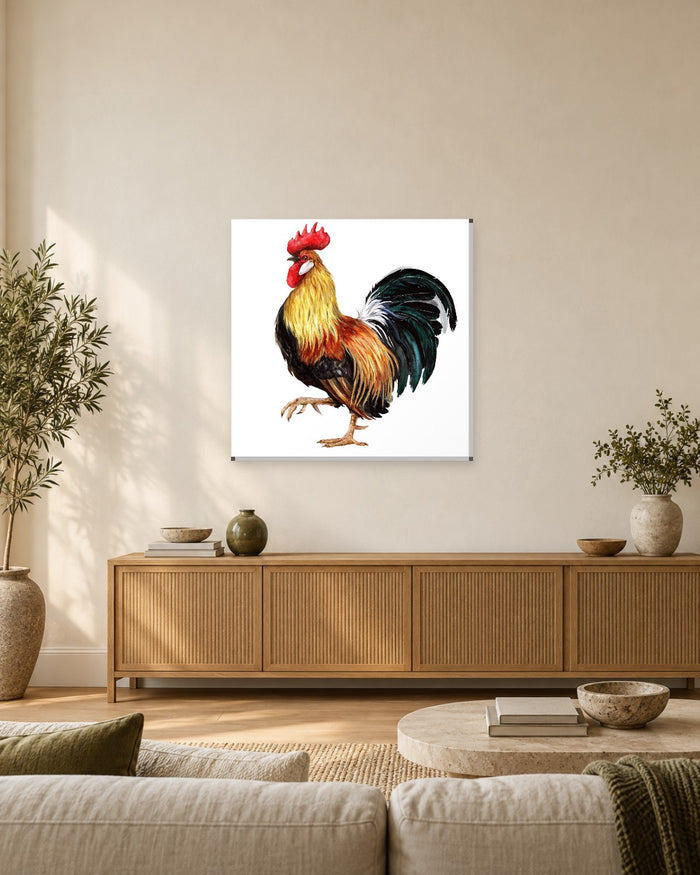 Rooster Wall Art - Watercolour Cockerel in Red, Gold and Green on White Square Canvas - Gallery Canvas - 38mm / 30 x 30 preview