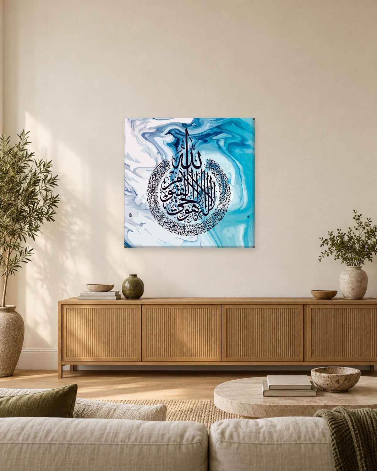 Ayatul Kursi Wall Art - Blue and White Ink Arabic Calligraphy Square Canvas - Gallery Canvas - 38mm / 30 x 30 preview