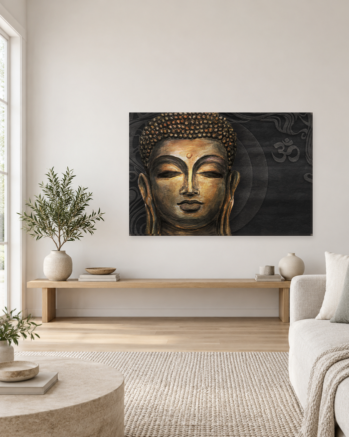 Golden Buddha Face on Black with Om Symbol - Canvas Wall Art - Gallery Canvas - 38mm / 48 x 32 / Unframed preview