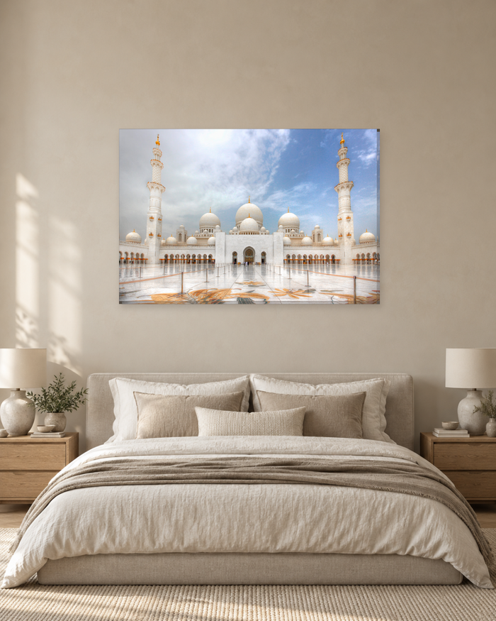 Sheikh Zayed Grand Mosque Abu Dhabi - White Marble Domes and Minarets Canvas Wall Art - Gallery Canvas - 38mm / 48 x 32 / Unframed preview
