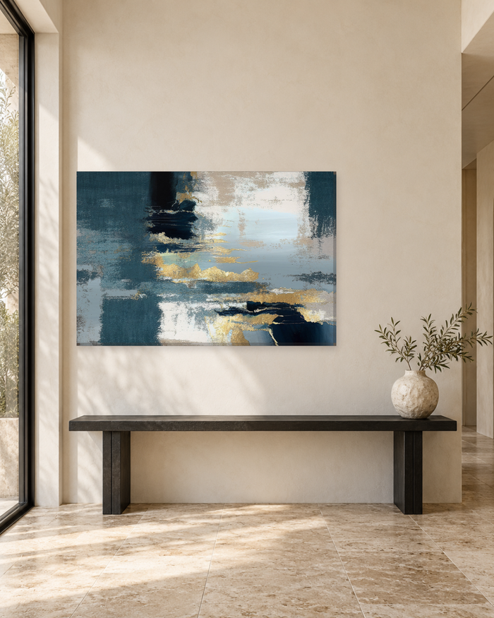 Teal Blue and Gold Brushstroke Abstract - Canvas Wall Art - Gallery Canvas - 38mm / 48 x 32 / Unframed preview