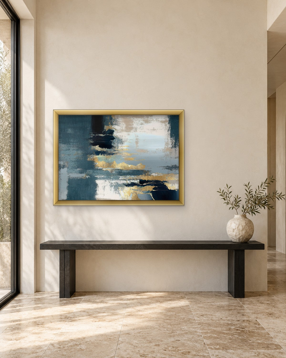 Teal Blue and Gold Brushstroke Abstract - Canvas Wall Art - Gallery Canvas - 38mm / 48 x 32 / Unframed preview