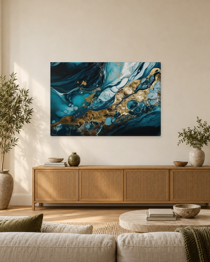Turquoise and Gold Liquid Marble - Abstract Canvas Wall Art - Gallery Canvas - 38mm / 48 x 32 / Unframed preview