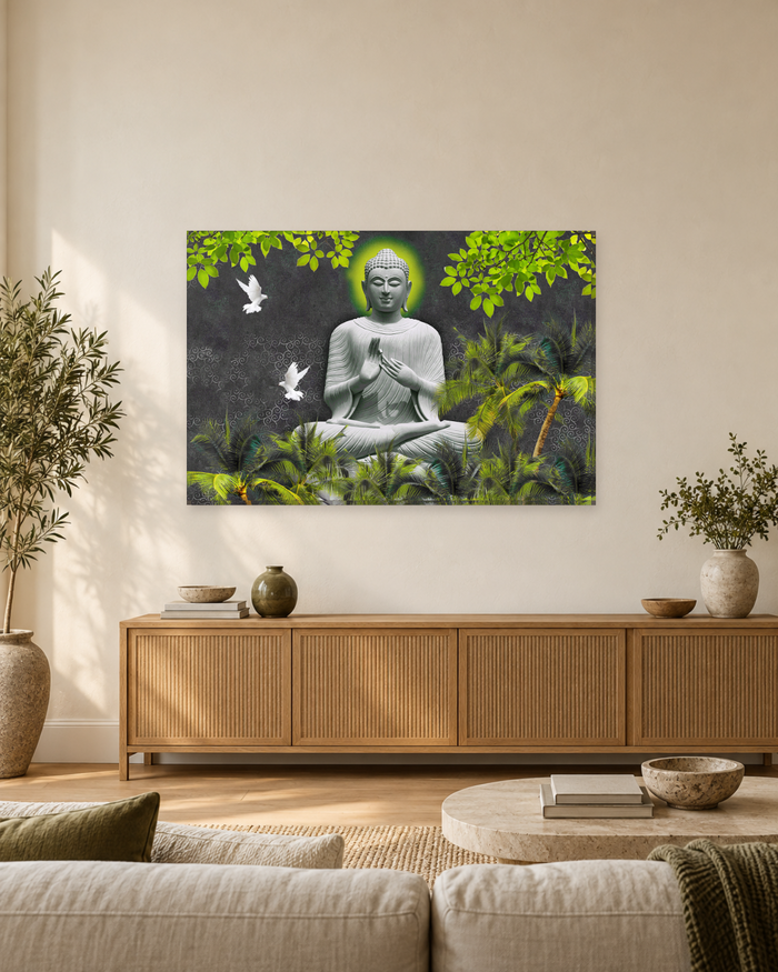 Meditating Buddha with White Doves and Palms - Canvas Wall Art - Gallery Canvas - 38mm / 48 x 32 / Unframed preview