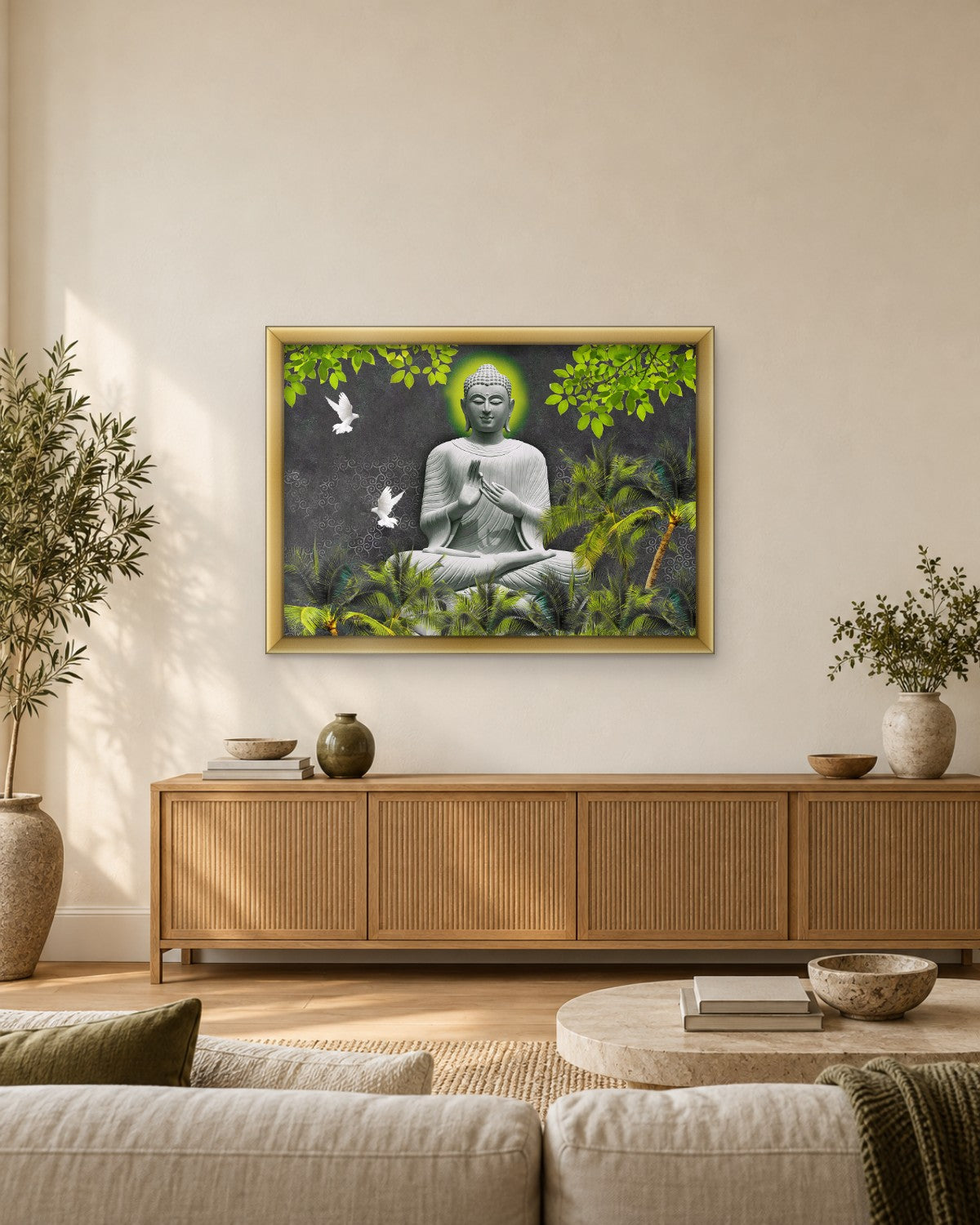Meditating Buddha with White Doves and Palms - Canvas Wall Art - Gallery Canvas - 38mm / 48 x 32 / Unframed preview