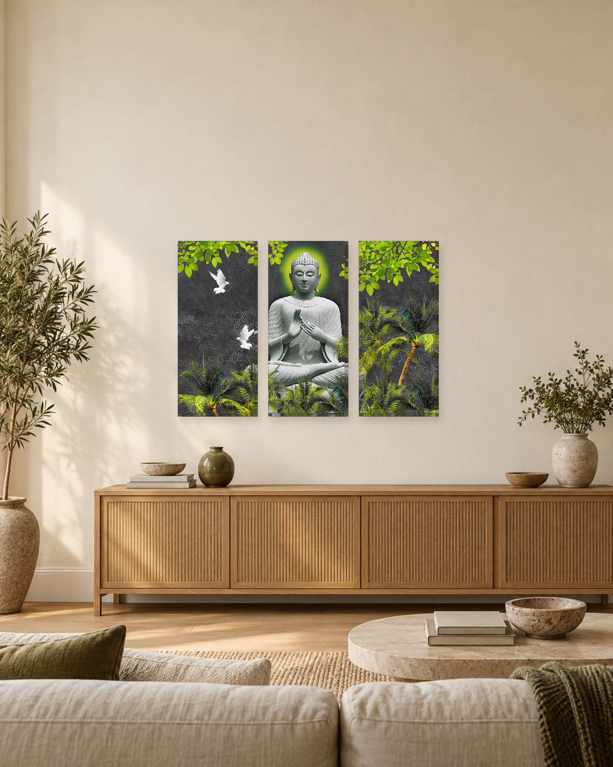 Meditating Buddha with White Doves and Palms - Canvas Wall Art - Gallery Canvas - 38mm / 48 x 32 / Unframed preview
