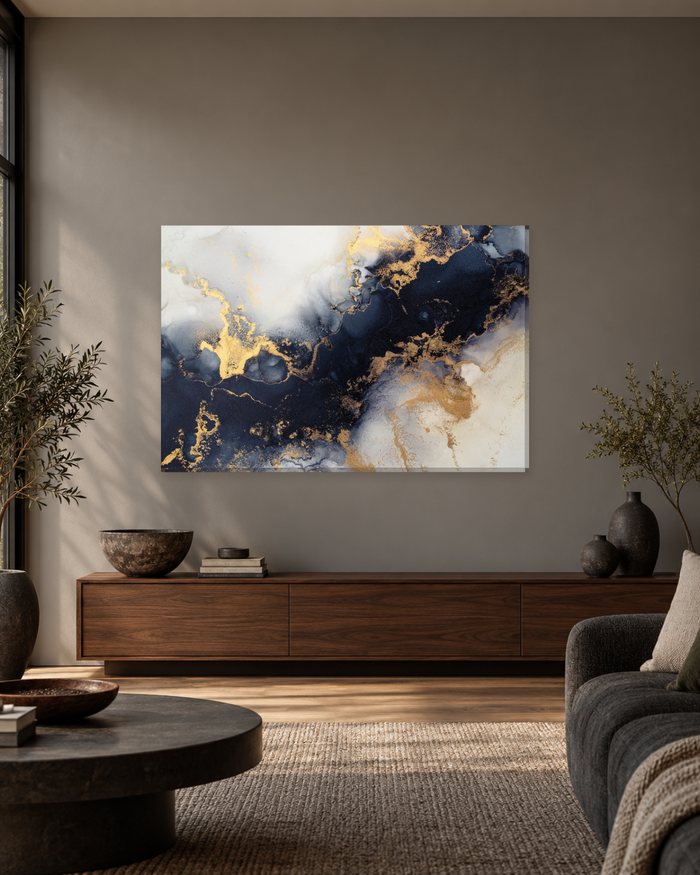 Navy, Cream and Gold Marble - Abstract Canvas Wall Art - Gallery Canvas - 38mm / 48 x 32 / Unframed preview