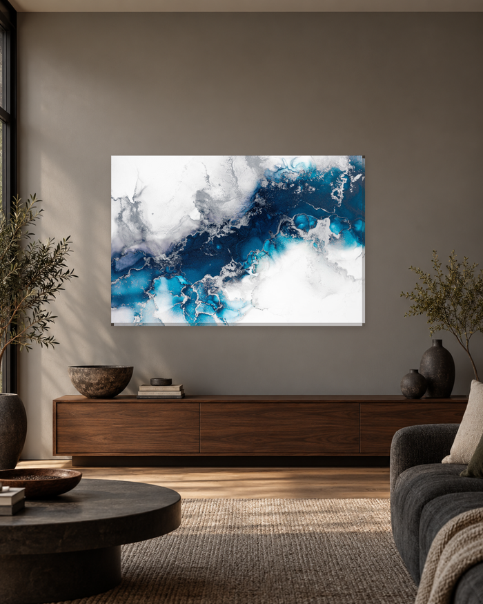 Blue and White Ink Marble with Silver - Abstract Canvas Wall Art - Gallery Canvas - 38mm / 48 x 32 / Unframed preview