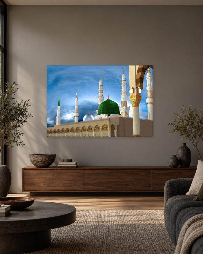 Masjid an-Nabawi Green Dome Illustration - Prophet's Mosque Madinah Canvas Wall Art - Gallery Canvas - 38mm / 48 x 32 / Unframed preview