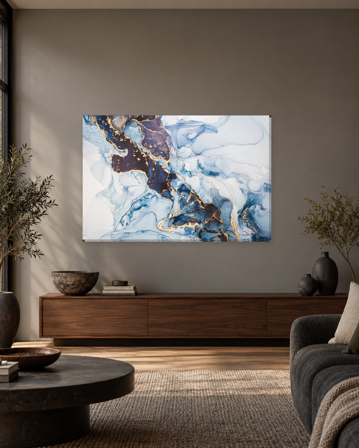 Ice Blue and Indigo Marble with Gold Veins - Abstract Canvas Wall Art - Gallery Canvas - 38mm / 48 x 32 / Unframed preview