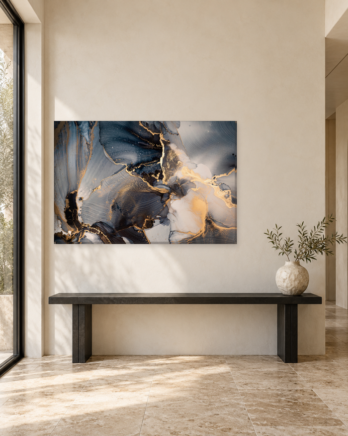 Slate Grey and Gold Marble Swirl - Abstract Canvas Wall Art - Gallery Canvas - 38mm / 48 x 32 / Unframed preview