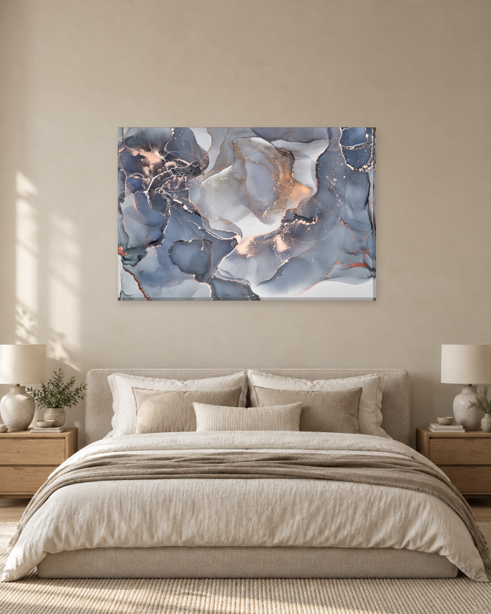 Smoky Blue-Grey Alcohol Ink Marble with Copper - Abstract Canvas Wall Art - Gallery Canvas - 38mm / 48 x 32 / Unframed preview
