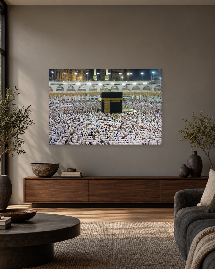 Kaaba at Night - Masjid al-Haram Makkah Canvas Wall Art with Worshippers in Prayer - Gallery Canvas - 38mm / 48 x 32 / Unframed preview