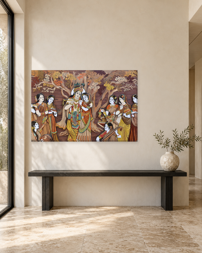 Radha Krishna with Gopis - Carved Wood Style Hindu Canvas Wall Art - Gallery Canvas - 38mm / 48 x 32 / Unframed preview