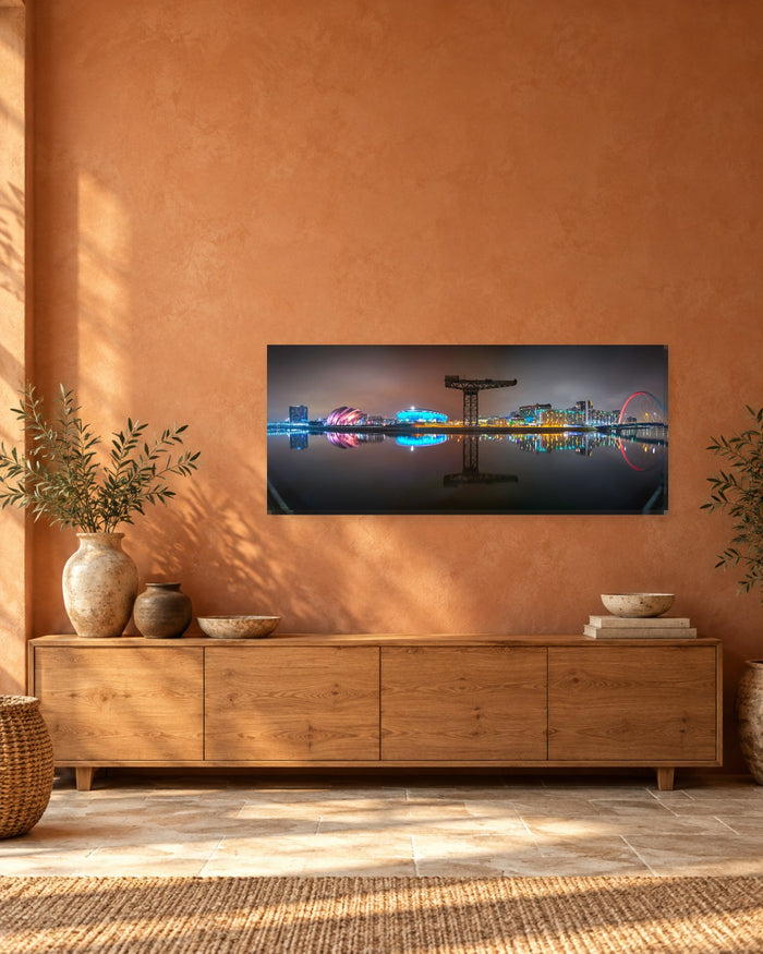 Glasgow Skyline Panoramic Canvas Wall Art - River Clyde Reflections at Night - Gallery Canvas - 38mm / 48 x 20 preview
