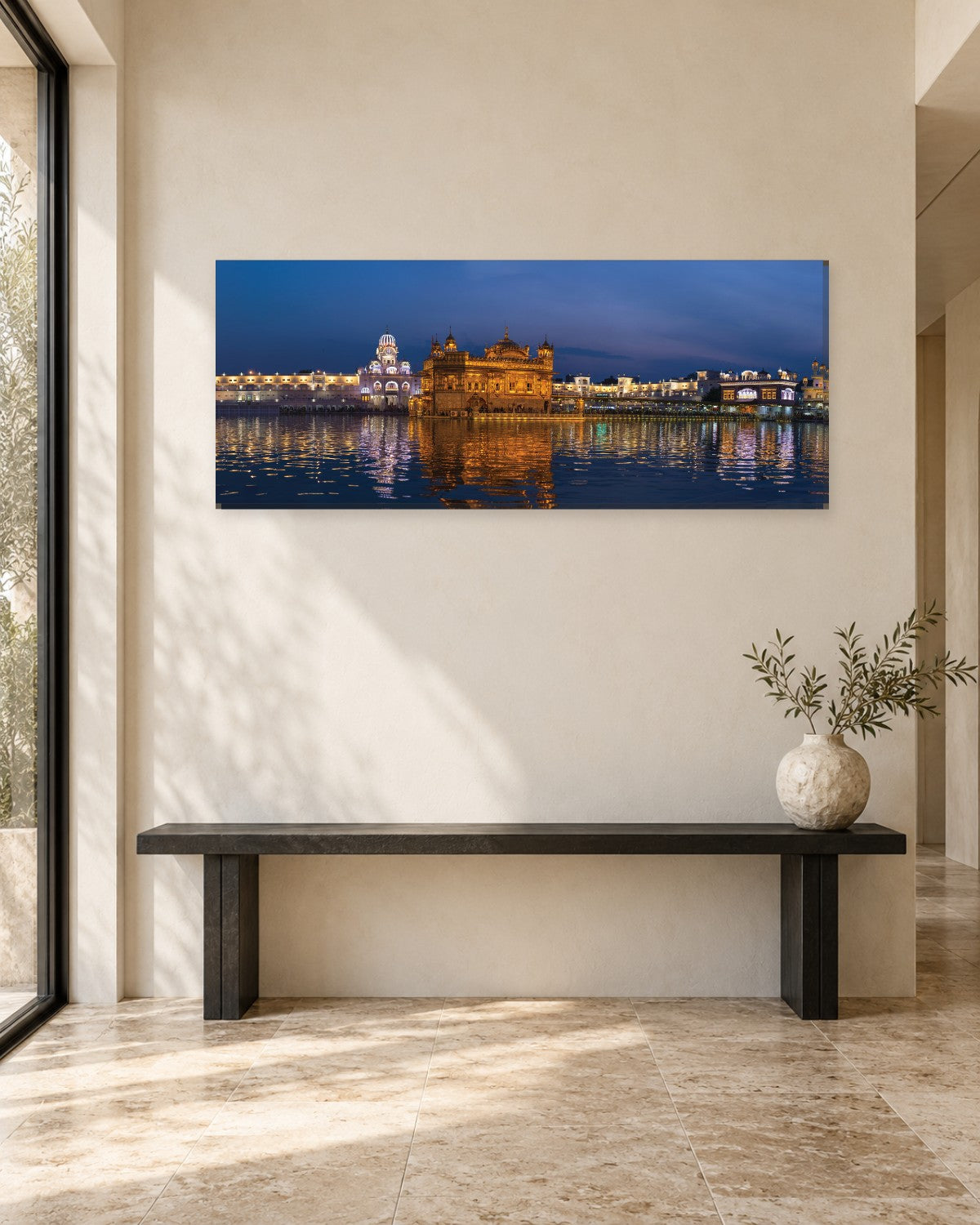 Golden Temple Panoramic Canvas Wall Art - Harmandir Sahib at Dusk Over the Sarovar, Amritsar - 60 x 24 inch Gallery Canvas - Charcoal and walnut room