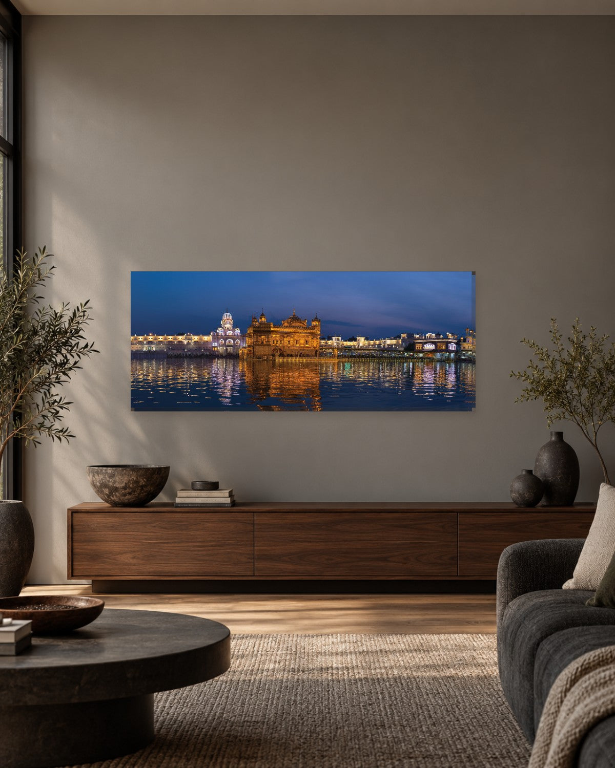 Golden Temple Panoramic Canvas Wall Art - Harmandir Sahib at Dusk Over the Sarovar, Amritsar - 60 x 24 inch Gallery Canvas - Charcoal and walnut room