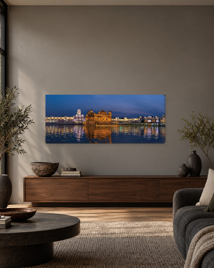 Golden Temple Panoramic Canvas Wall Art - Harmandir Sahib at Dusk Over the Sarovar, Amritsar - 60 x 24 inch Gallery Canvas - Charcoal and walnut room