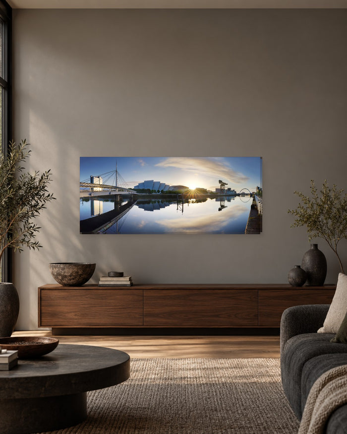Glasgow Skyline Panoramic Canvas Wall Art - Sunrise Reflections on the River - Gallery Canvas - 38mm / 48 x 20 preview