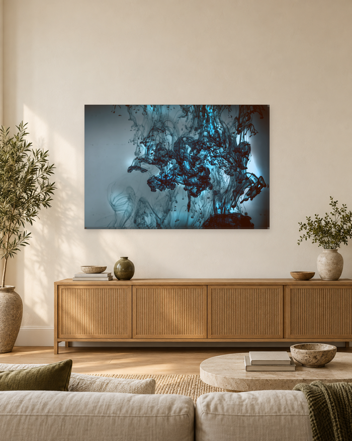 Blue Grey Ink in Water Abstract Canvas Wall Art - Gallery Canvas - 38mm / 48 x 32 / Unframed preview