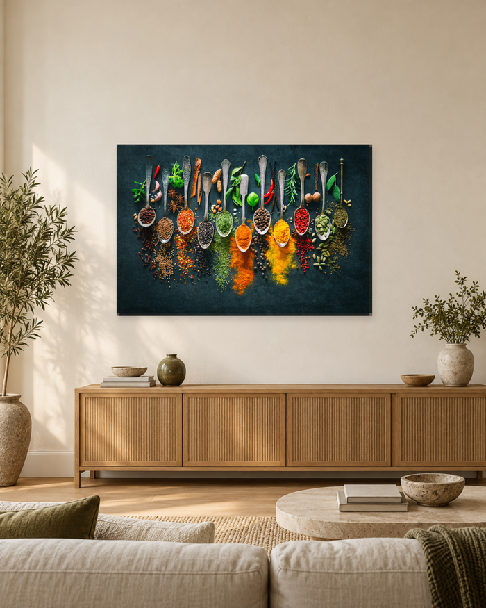 Herbs and Spices on Vintage Spoons - Dark Kitchen Canvas Wall Art - Gallery Canvas - 38mm / 48 x 32 / Unframed preview