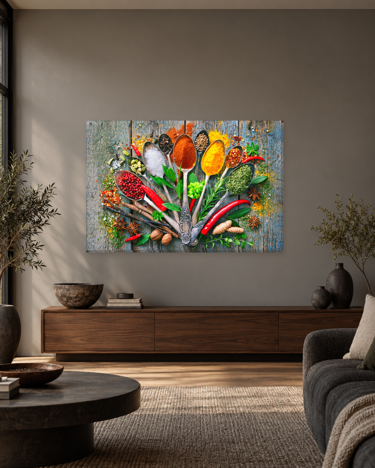 Colourful Spices on Spoons Canvas Wall Art - Rustic Wood Kitchen Print - Gallery Canvas - 38mm / 48 x 32 / Unframed preview