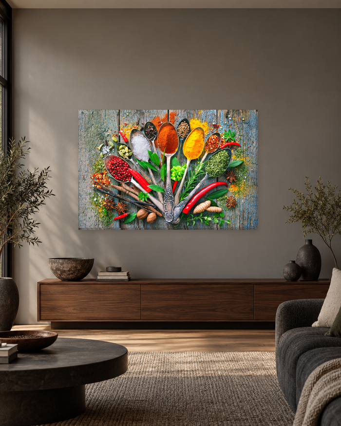 Colourful Spices on Spoons Canvas Wall Art - Rustic Wood Kitchen Print - Gallery Canvas - 38mm / 48 x 32 / Unframed preview