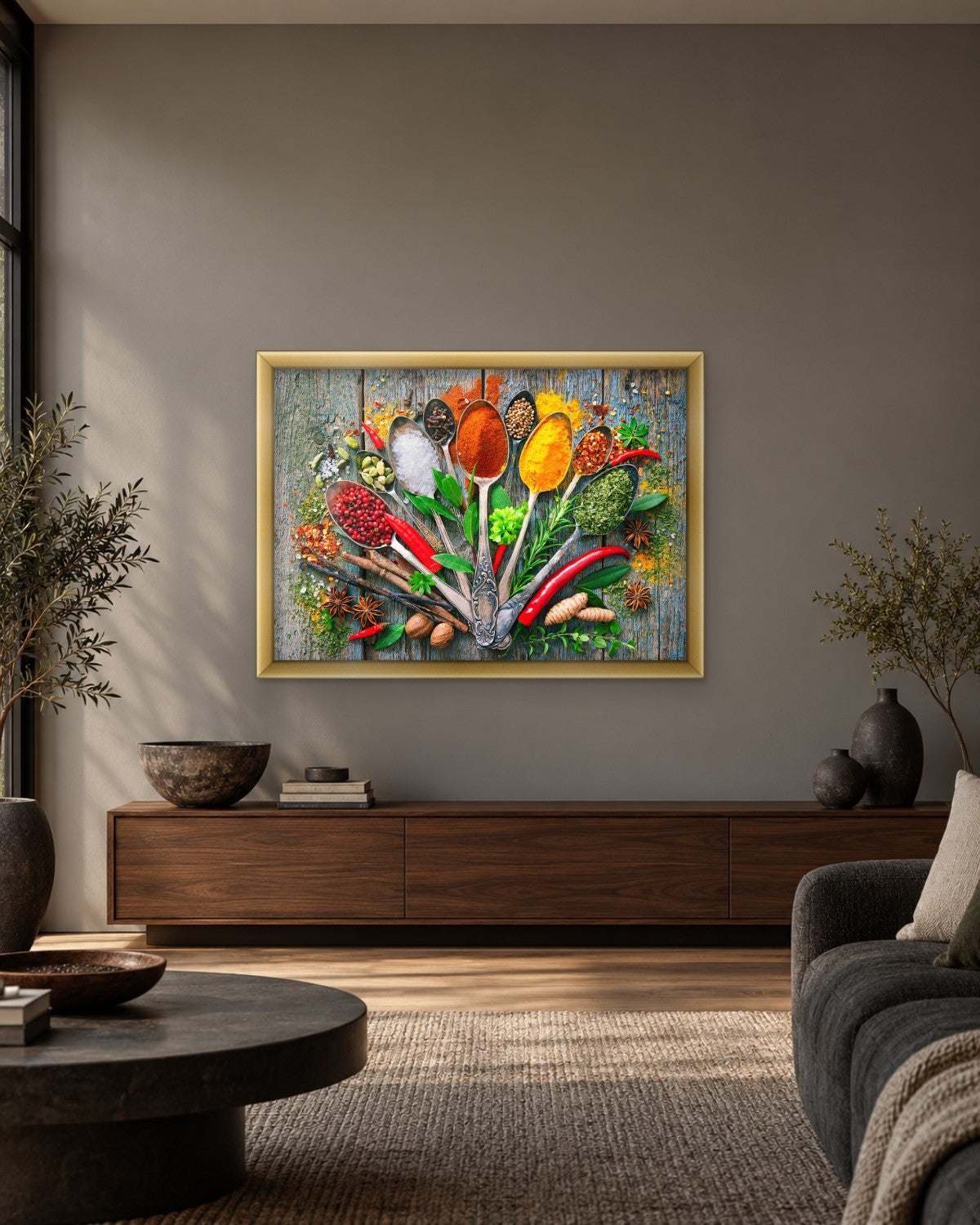 Colourful Spices on Spoons Canvas Wall Art - Rustic Wood Kitchen Print - Gallery Canvas - 38mm / 48 x 32 / Unframed preview