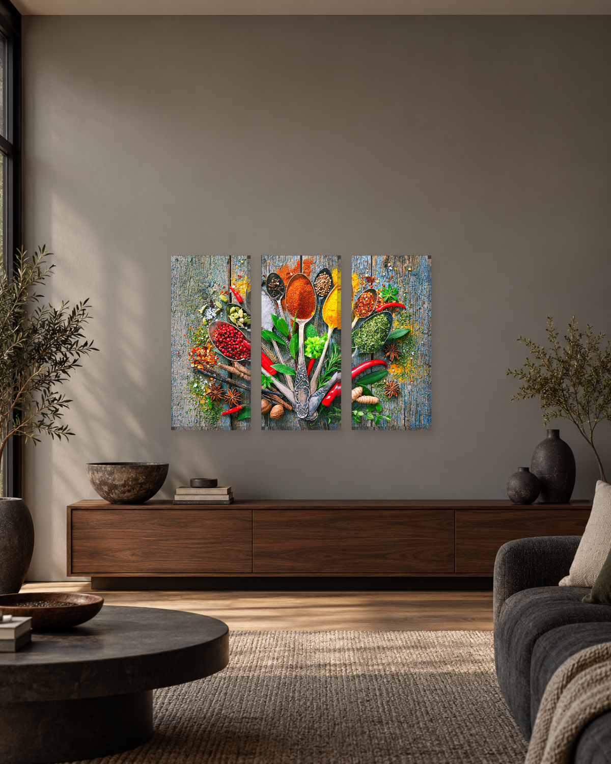 Colourful Spices on Spoons Canvas Wall Art - Rustic Wood Kitchen Print - Gallery Canvas - 38mm / 48 x 32 / Unframed preview