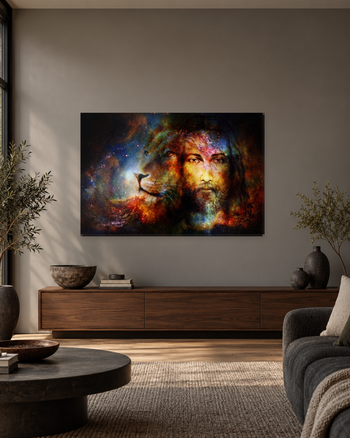 Jesus and Lion in Galaxy Canvas Wall Art - Cosmic Christian Art - Gallery Canvas - 38mm / 48 x 32 / Unframed preview