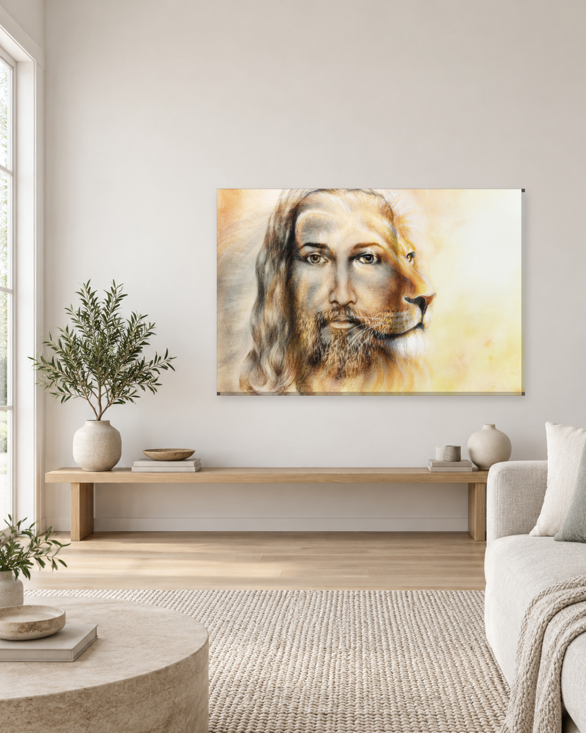 Jesus and Lion of Judah Canvas Wall Art - Sepia Portrait Christian Art - Gallery Canvas - 38mm / 48 x 32 / Unframed preview