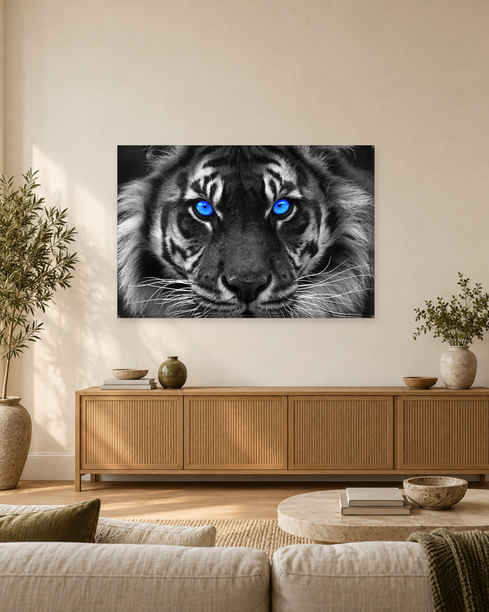Tiger Face with Blue Eyes - Black and White Canvas Wall Art - Gallery Canvas - 38mm / 48 x 32 / Unframed preview