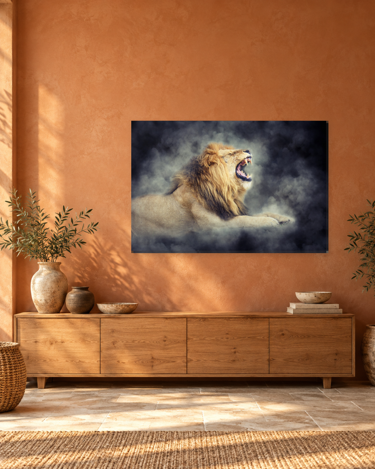 Roaring Lion in Smoke Canvas Wall Art - Golden Lion Animal Art - Gallery Canvas - 38mm / 48 x 32 / Unframed preview