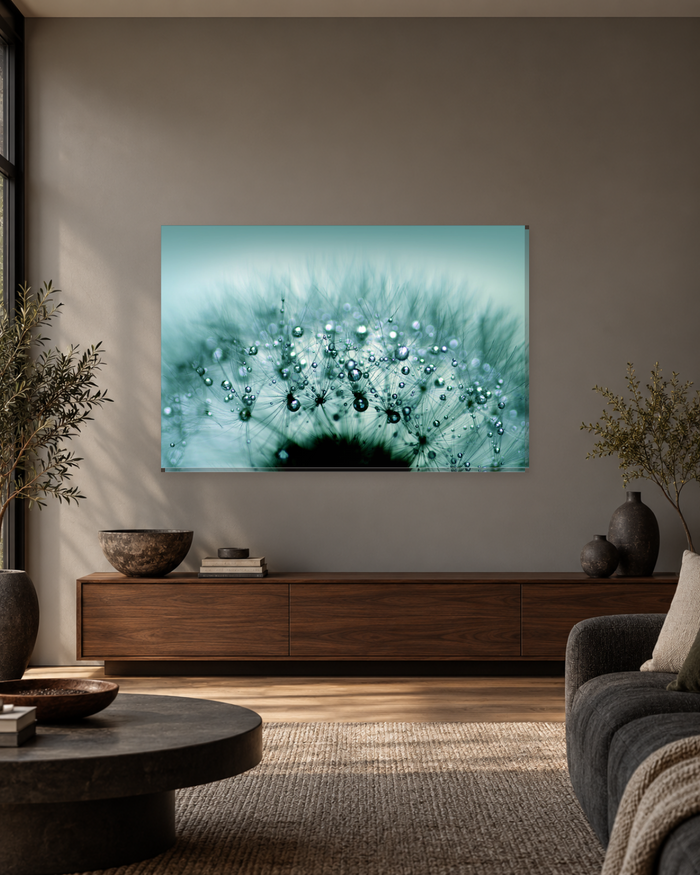 Teal Dandelion with Water Droplets Canvas Wall Art - Macro Nature Print - Gallery Canvas - 38mm / 48 x 32 / Unframed preview