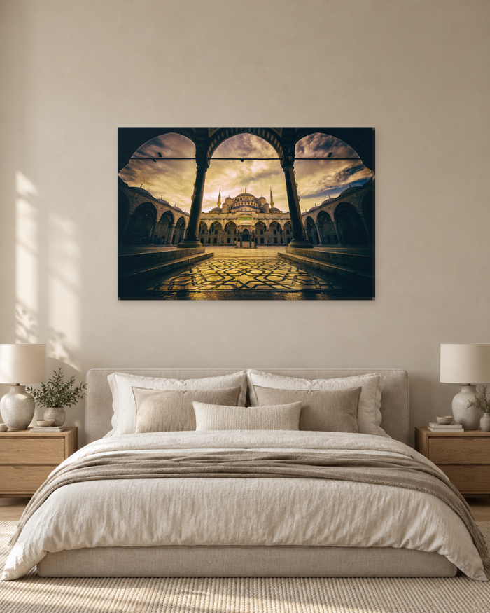 Blue Mosque Istanbul Through the Arches - Golden Sky Canvas Wall Art - Gallery Canvas - 38mm / 48 x 32 / Unframed preview