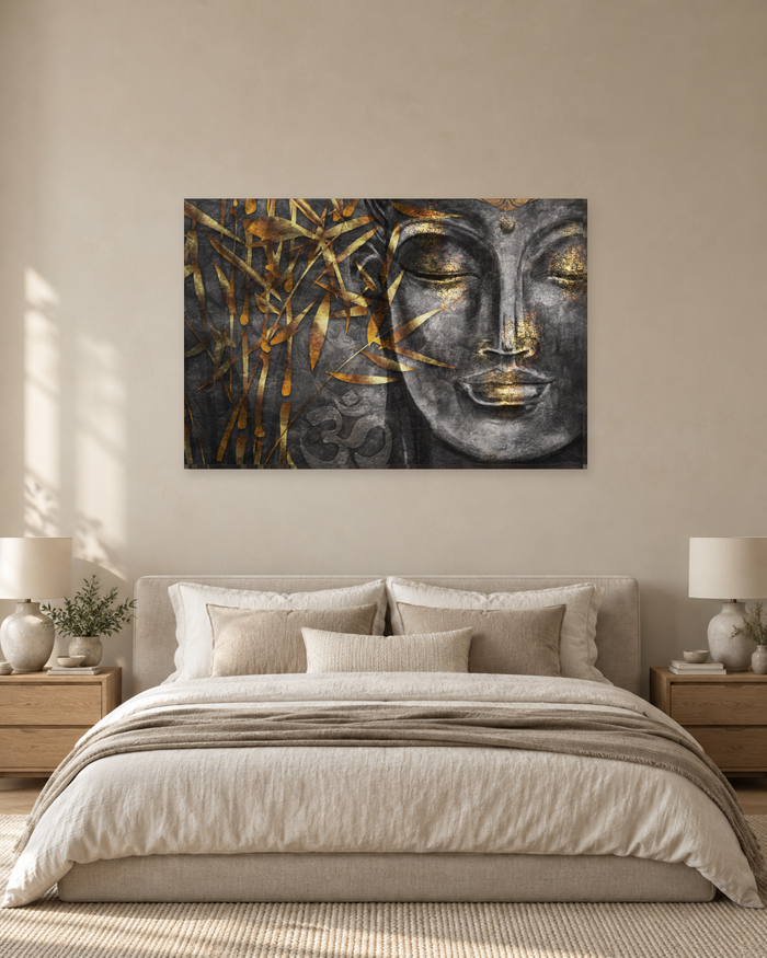 Grey and Gold Buddha Face with Bamboo Canvas Wall Art - Gallery Canvas - 38mm / 48 x 32 / Unframed preview