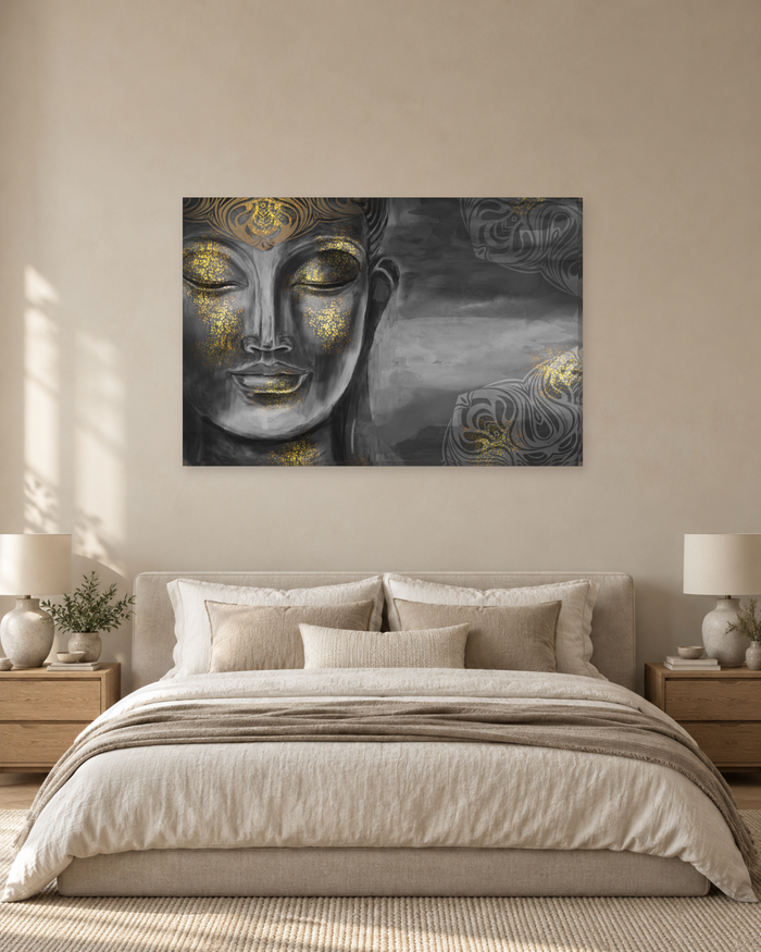 Black Grey and Gold Buddha Face Canvas Wall Art - Modern Zen Print - Gallery Canvas - 38mm / 48 x 32 / Unframed preview