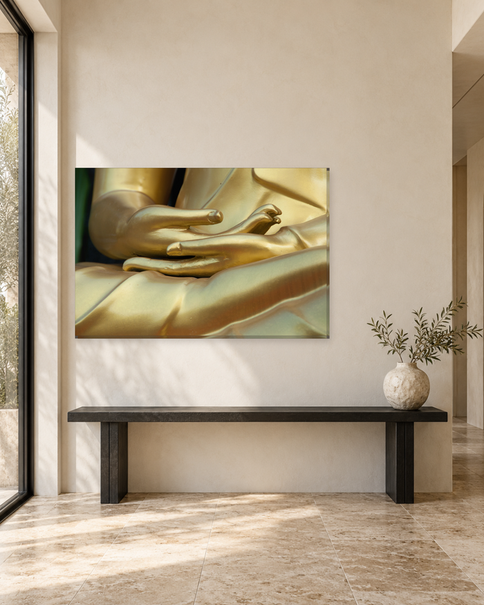 Golden Buddha Hands in Meditation Canvas Wall Art - Zen Close-Up Print - Gallery Canvas - 38mm / 48 x 32 / Unframed preview